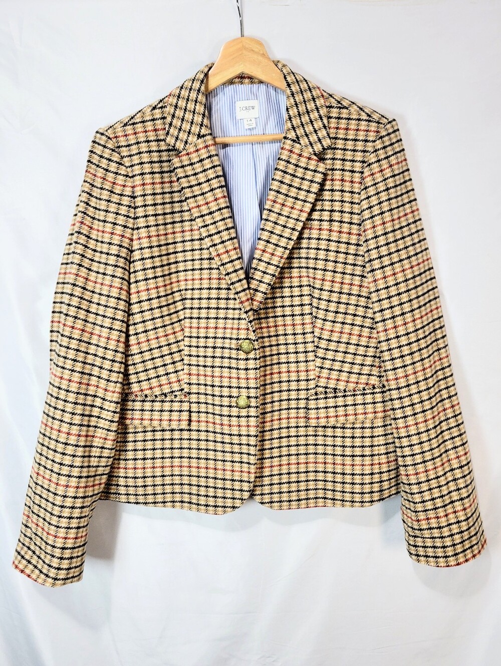 J.Crew Plaid Herringbone Tan Wool Blend Schoolboy Blazer Old-money Academia Fall - Picture 4 of 15